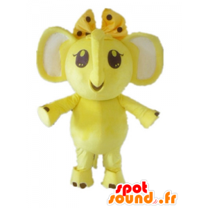 Mascotte d'éléphant jaune et blanc, avec un nœud sur la tête - MASFR22894 - Mascottes Elephant