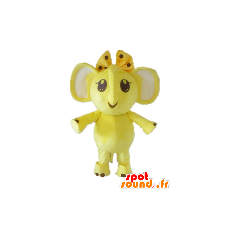 Mascotte d'éléphant jaune et blanc, avec un nœud sur la tête - MASFR22894 - Mascottes Elephant