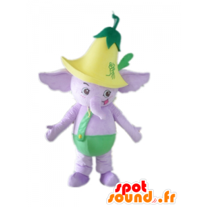 Mascotte d'éléphant violet, en tenue verte, avec une fleur - MASFR22896 - Mascottes Elephant