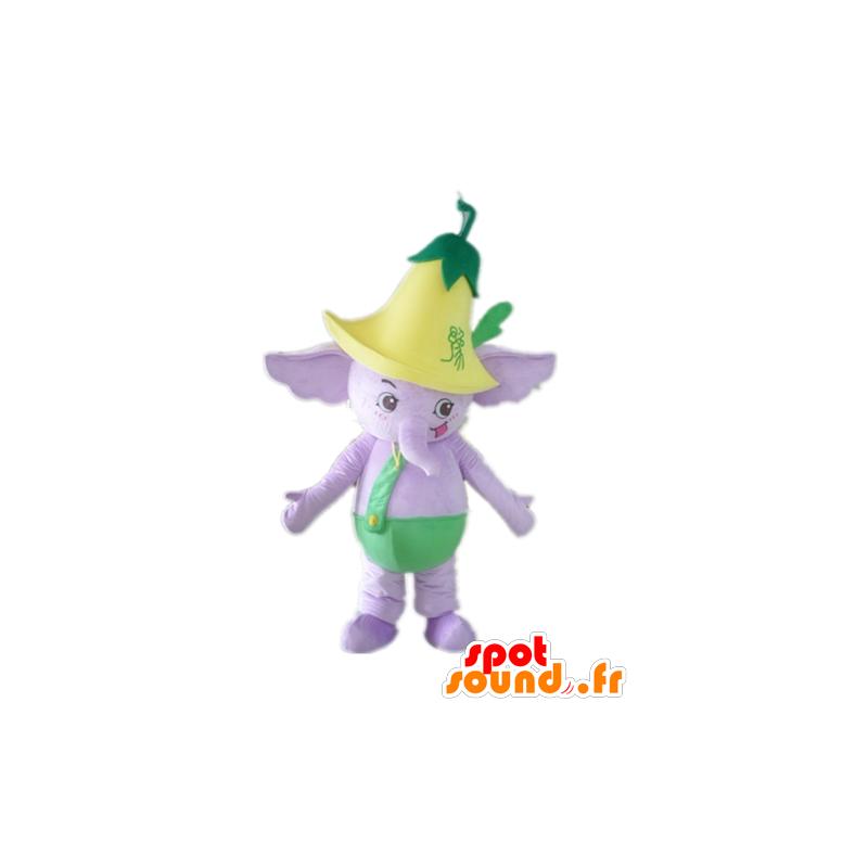 Elefante mascote roxo, vestido verde com uma flor - MASFR22896 - Elephant Mascot