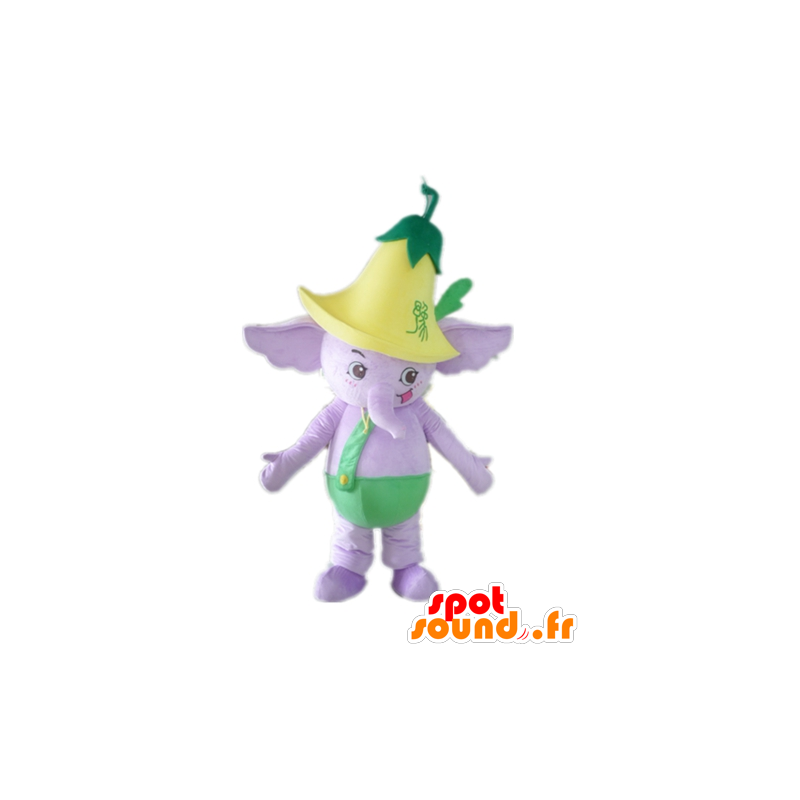 Mascot purple elephant, green dress, with a flower - MASFR22896 - Elephant mascots