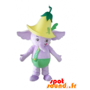 Mascota del elefante púrpura, vestido de verde, con una flor - MASFR22896 - Mascotas de elefante