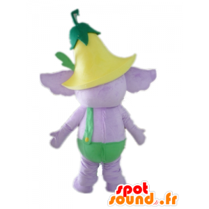 紫の象のマスコット、緑の衣装、花付き-MASFR22896-象のマスコット