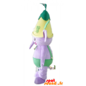 紫の象のマスコット、緑の衣装、花付き-MASFR22896-象のマスコット