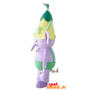 Mascot purple elephant, green dress, with a flower - MASFR22896 - Elephant mascots