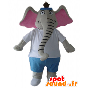 Mascot grijs en roze olifant, blauwe en witte outfit - MASFR22898 - Elephant Mascot