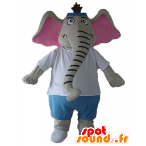 Mascotte d'éléphant gris et rose, en tenue bleue et blanche - MASFR22898 - Mascottes Elephant