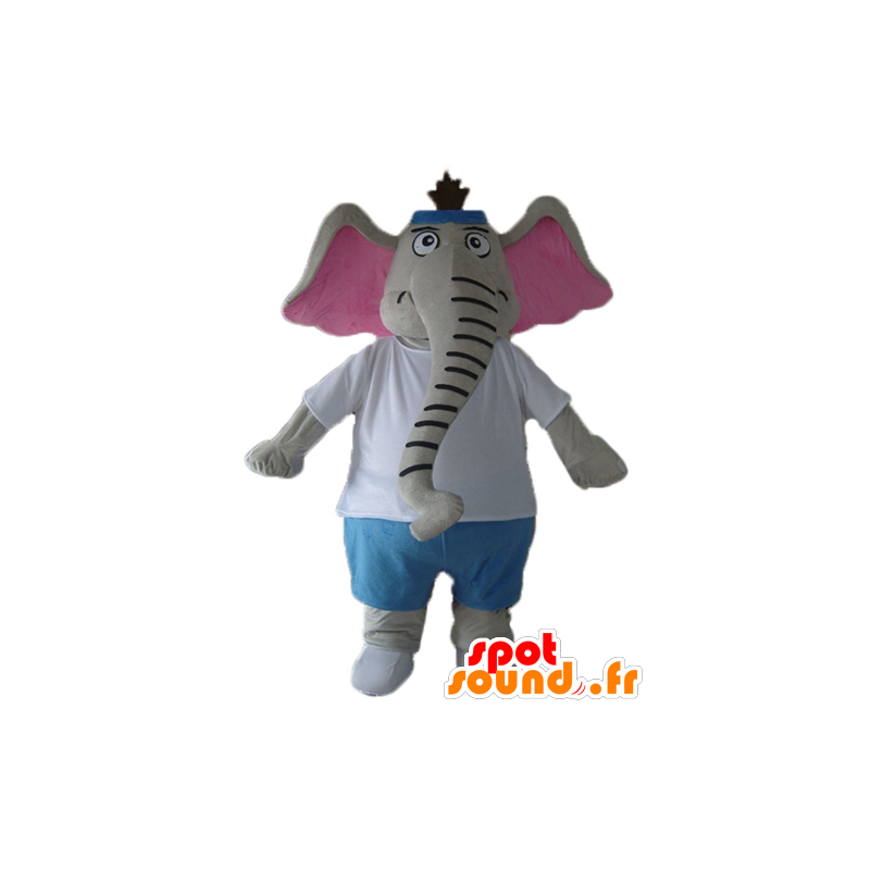 Grå og lyserød elefantmaskot i blåt og hvidt tøj - Spotsound