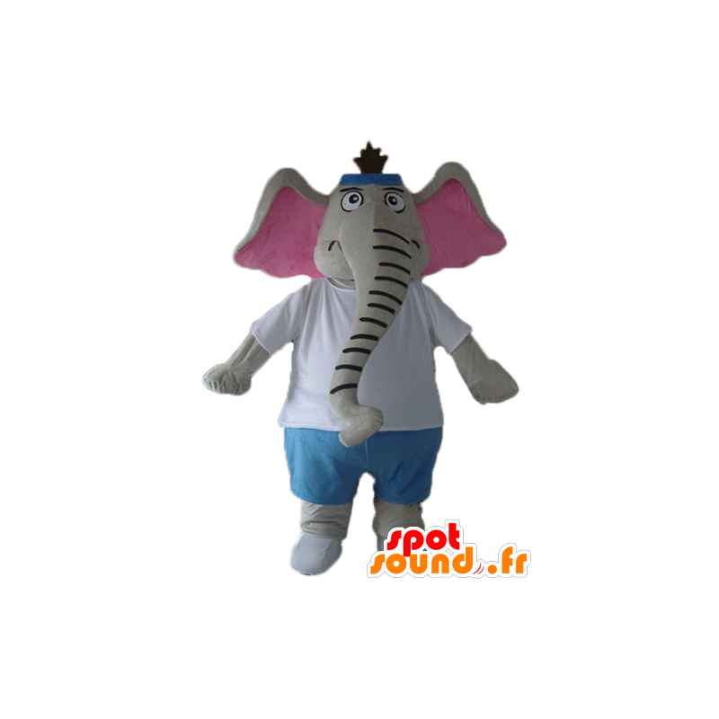 Mascota del elefante gris y rosa, azul y traje blanco - MASFR22898 - Mascotas de elefante