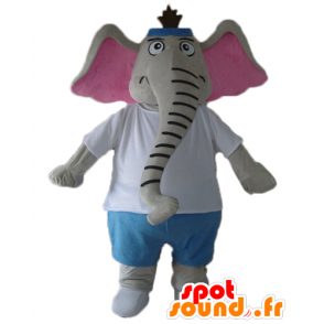 Grå och rosa elefantmaskot, i blå och vit outfit - Spotsound
