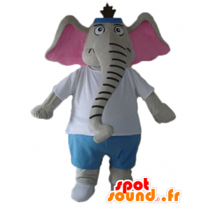 Mascot grijs en roze olifant, blauwe en witte outfit - MASFR22898 - Elephant Mascot