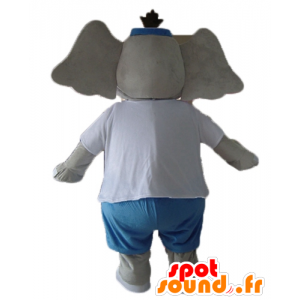 Mascote cinza e elefante cor de rosa, azul e roupa branca - MASFR22898 - Elephant Mascot