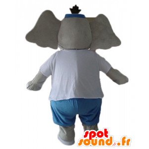 Maskot šedé a růžové slon, modrý a bílý outfit - MASFR22898 - slon Maskot