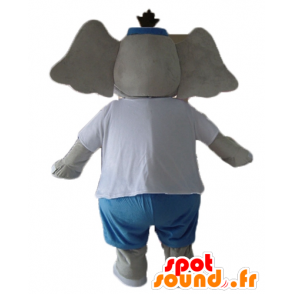 Mascota del elefante gris y rosa, azul y traje blanco - MASFR22898 - Mascotas de elefante