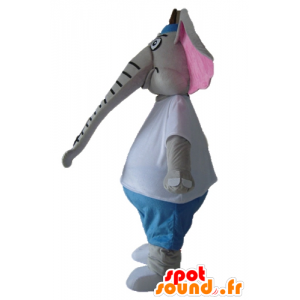 Mascot grå og rosa elefant, blå og hvit drakt - MASFR22898 - Elephant Mascot