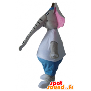 Mascot grijs en roze olifant, blauwe en witte outfit - MASFR22898 - Elephant Mascot