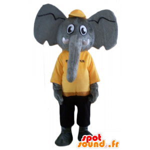 Grå elefant maskot, i gul og sort tøj - Spotsound maskot kostume