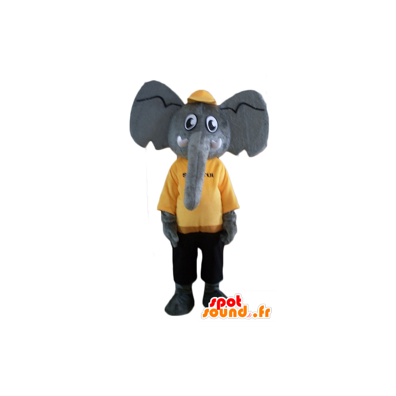Grå elefantmaskot, i gul och svart outfit - Spotsound maskot