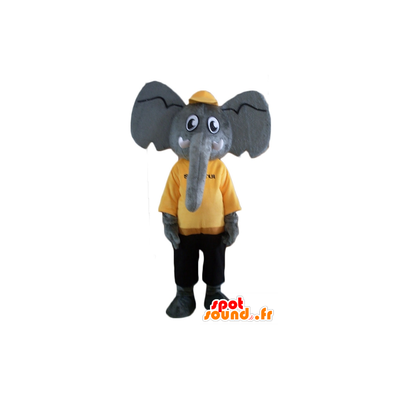 Maskottchen-Elefanten grau, gelb und schwarz-Outfit - MASFR22903 - Elefant-Maskottchen