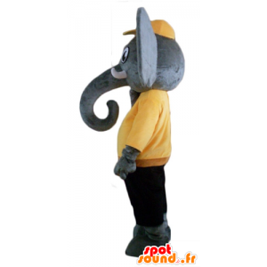 Grå elefantmaskot, i gul och svart outfit - Spotsound maskot