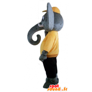 Mascotte d'éléphant gris, en tenue jaune et noire - MASFR22903 - Mascottes Elephant