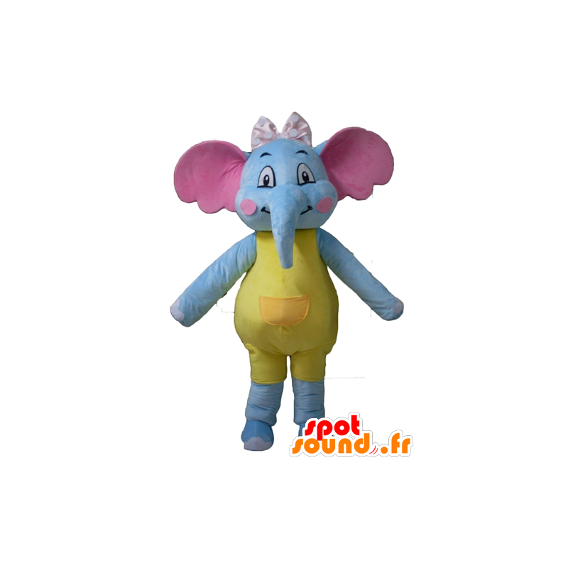 Blue elephant mascot, yellow and pink, seductive and colorful - MASFR22905 - Elephant mascots