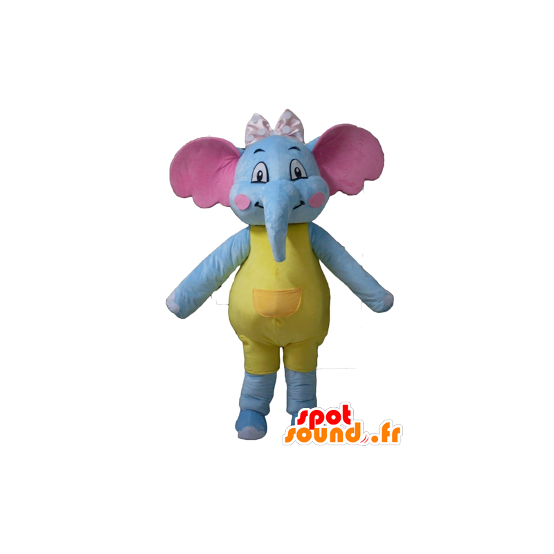 Elefante blu mascotte, giallo e rosa, seducente e colorato - MASFR22905 - Mascotte elefante