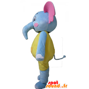 Blå, gul och rosa elefantmaskot, attraktiv och färgstark -