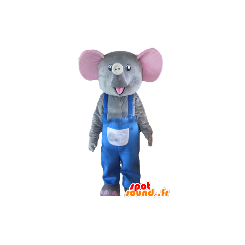 Mascot grauen und rosa Elefanten mit blauen Overalls - MASFR22907 - Elefant-Maskottchen