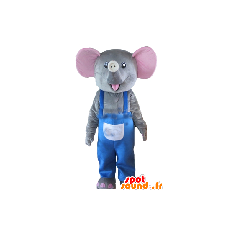 Mascot gray and pink elephant with blue overalls - MASFR22907 - Elephant mascots