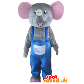 Mascot grauen und rosa Elefanten mit blauen Overalls - MASFR22907 - Elefant-Maskottchen