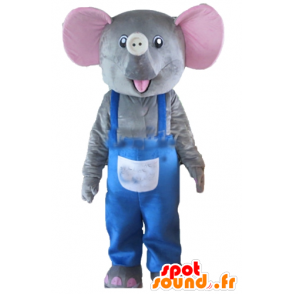 Mascotte d'éléphant gris et rose, avec une salopette bleue - MASFR22907 - Mascottes Elephant