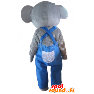 Grå och rosa elefantmaskot med blå overall - Spotsound maskot