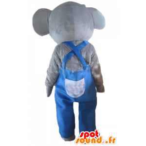 Mascot grijs en roze olifant met blauwe overalls - MASFR22907 - Elephant Mascot