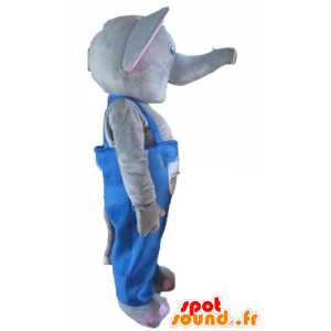 Grå og lyserød elefantmaskot med blå overall - Spotsound maskot