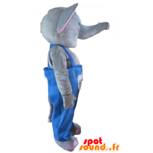 Mascotte d'éléphant gris et rose, avec une salopette bleue - MASFR22907 - Mascottes Elephant