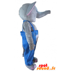 Mascot gray and pink elephant with blue overalls - MASFR22907 - Elephant mascots