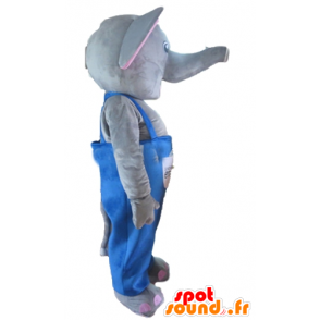 Mascot grijs en roze olifant met blauwe overalls - MASFR22907 - Elephant Mascot