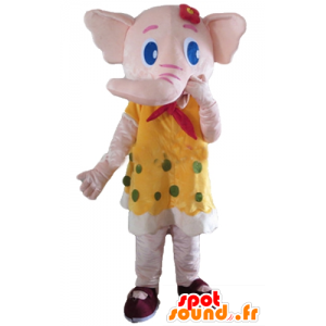 Mascotte d'éléphant rose, en robe jaune à pois verts - MASFR22908 - Mascottes Elephant