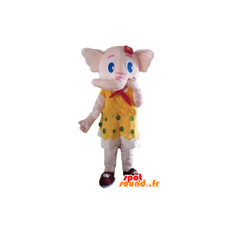 Mascote elefante rosa, cor amarela com ervilhas verdes - MASFR22908 - Elephant Mascot
