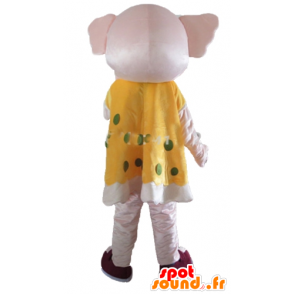 Mascotte d'éléphant rose, en robe jaune à pois verts - MASFR22908 - Mascottes Elephant