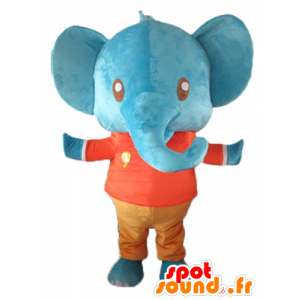 Kæmpe blå elefantmaskot i rød og orange tøj - Spotsound maskot