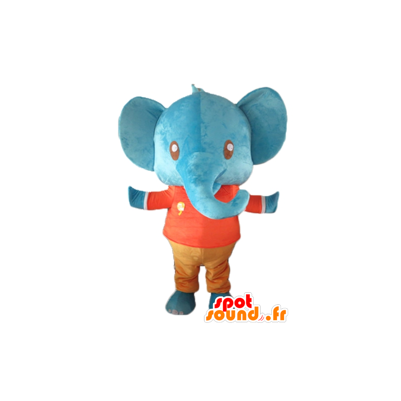 Mascotte d'éléphant bleu géant, en tenue rouge et orange - MASFR22909 - Mascottes Elephant