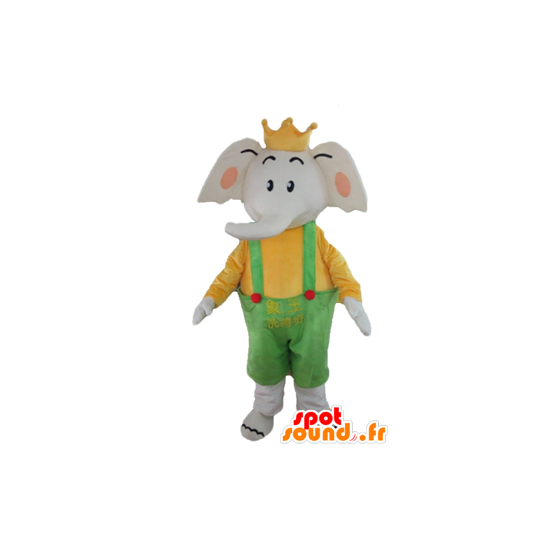 Mascotte d'éléphant en tenue jaune et verte, avec une couronne - MASFR22910 - Mascottes Elephant