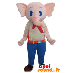 Pink elefant maskot, klædt i et farverigt tøj - Spotsound