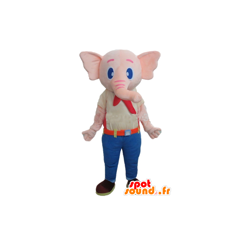 Mascotte d'éléphant rose, vêtu d'une tenue colorée - MASFR22913 - Mascottes Elephant