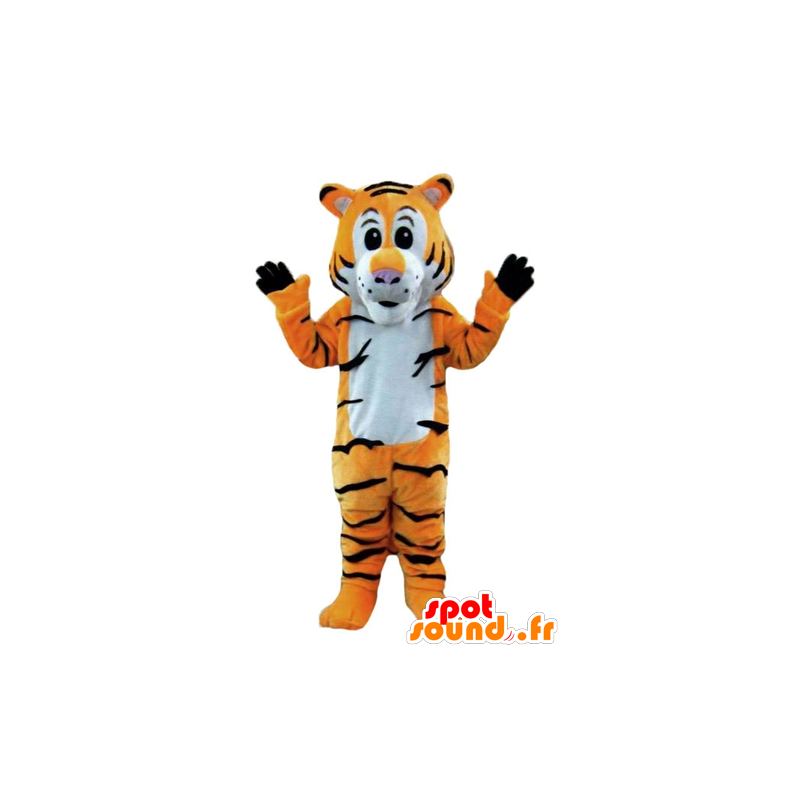 Orange tiger maskot, hvid og sort, stribet - Spotsound maskot