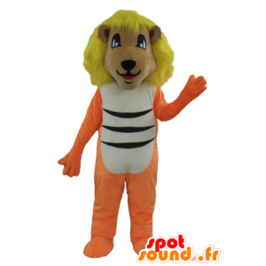 Mascotte de lion orange, blanc et noir avec une crinière jaune - MASFR22919 - Mascottes Lion