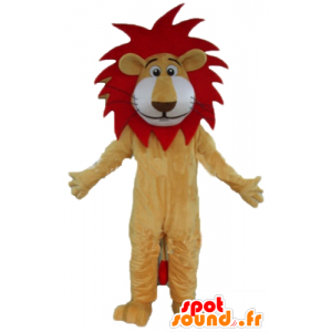 Lion mascot beige, red and white with a pretty mane - MASFR22921 - Lion mascots