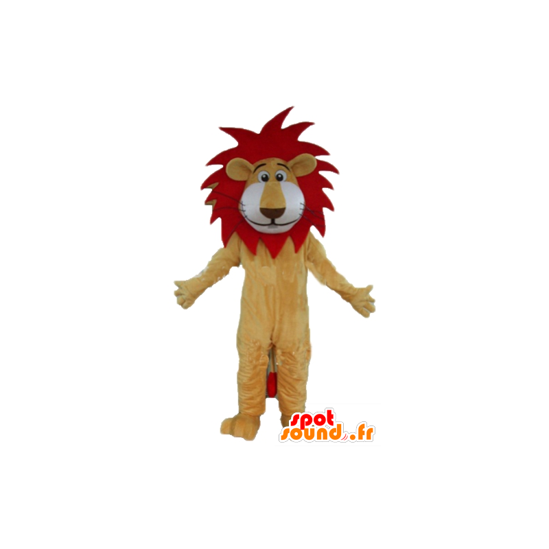 Beige løve maskot, rødt og hvitt med en vakker manke - MASFR22921 - Lion Maskoter